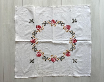 Small Square Christmas Tablecloth with Apple and Pine Wreath Embroidery 28x28”, Holiday Cotton Table Topper