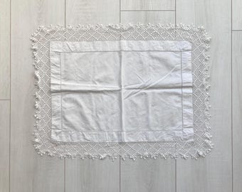 Handmade Rectangle Cotton Doily, White Vintage Embroidered Napkin, Antique Table Linens