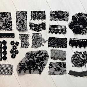 Mix of 20 black and blue vintage lace scraps, Dark assorted lace, Lace and trim bundle, Sewing inspiration pack, Antique lace remnants
