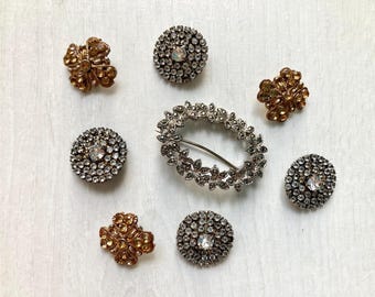 Mixed metal junk journal embellishments, Vintage lot of 8 assorted Victorian style crystal sewing buttons