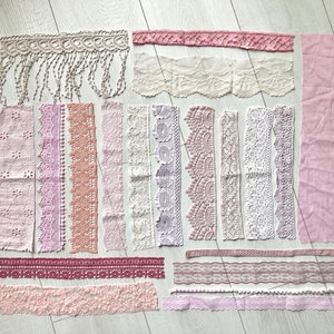 Junk journal pink lace pack, 20 assorted vintage lace pieces, Lace and trim bundle, Pastel lace kit, Lace grab bag, Sewing inspiration pack