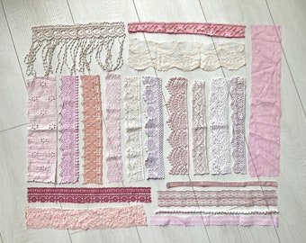 Junk journal pink lace pack, 20 assorted vintage lace pieces, Lace and trim bundle, Pastel lace kit, Lace grab bag, Sewing inspiration pack