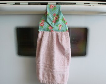 Christmas themed Oven towel with a red//green striped topper for an Oven Door with a Button Closure Hanging Kitchen Towel 656