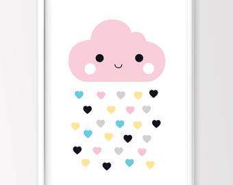 May include: A pink cloud with a smiling face is raining down colorful hearts. The hearts are in shades of pink, blue, yellow, and gray.