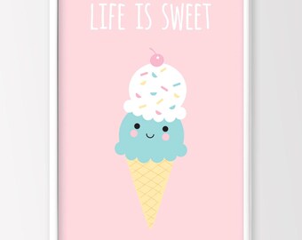 May include: A pink background with the text "Life is Sweet" in white. A cartoon ice cream cone with a blue scoop, a white scoop with sprinkles, and a pink cherry on top. The ice cream cone has a happy face.