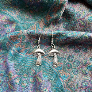 Silver Mushroom Charm Earrings, Trippy Festival Earrings, Dangle Silver Earrings