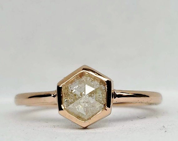 Hexagon diamond ring, Gray hexagon diamond ring, Geometric Rose gold raw diamond ring