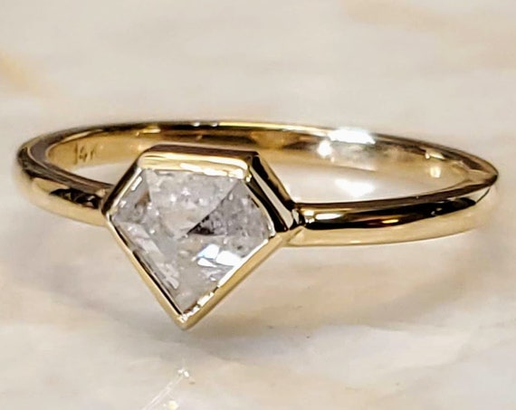 Geometric Yellow Gold Shield diamond ring, Yellow gold Shield diamond Bezel Set engagement ring, Shield diamond ring.