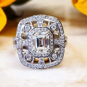Emerald Cut Diamond Halo Engagement Ring: 14K Gold Statement Ring