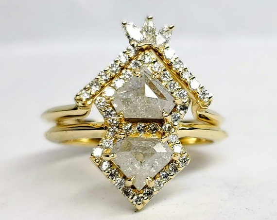 Rose cut raw diamond ring, Gray diamond ring, Salt and pepper diamond ring, Geometric diamond engagement ring.