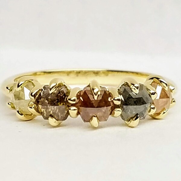 Multicolor hexagon rose cut diamond ring, 14kt yellow gold diamond ring.