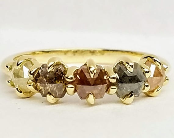 Multicolor hexagon rose cut diamond ring, 14kt yellow gold diamond ring.