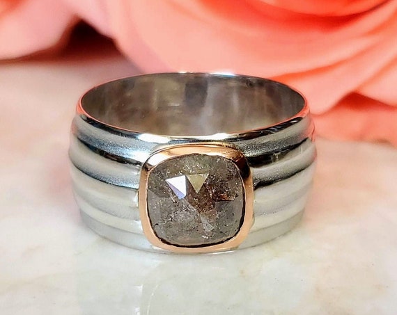 Rose cut brown diamond 10mm wide gold band for men and women