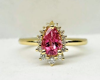 Pink Tourmaline ring, Yellow Gold Ring, Pink Stone Ring with Halo