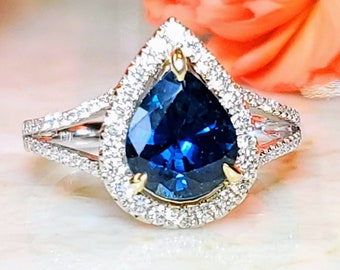 Pear shape Blue Sapphire and Diamond Ring, September Birthstone.