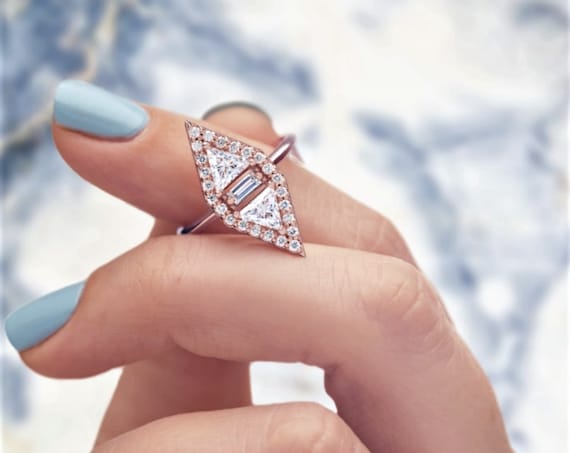 Triangle Diamond Engagement Ring, Geometrical Engagement Ring, Cluster Diamond Ring, Dual Diamond Ring, Triangle Cluster Ring