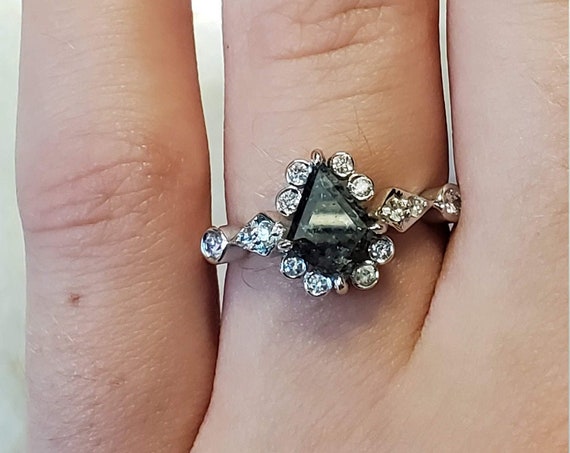 Salt and pepper geometric kite diamond gold ring, Kite diamond gold ring, Shield diamond gold engagement ring.