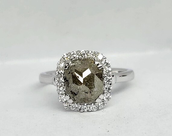Rose Cut Gray Diamond White Gold Engagement Ring, Non traditional raw rustic diamond engagement ring.