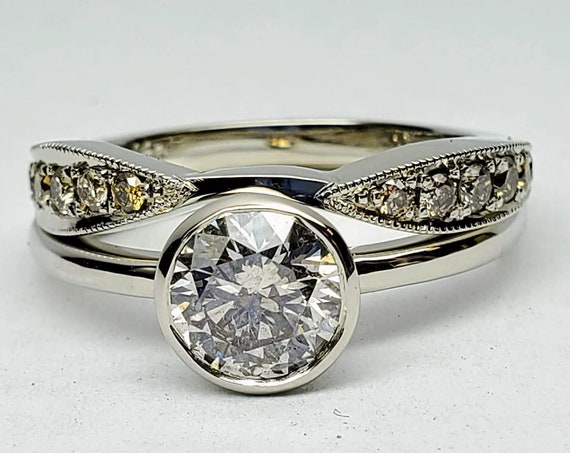 White Gold Round Champagne Color Diamond Engagement ring with Wedding band, Bezel Diamond ring.