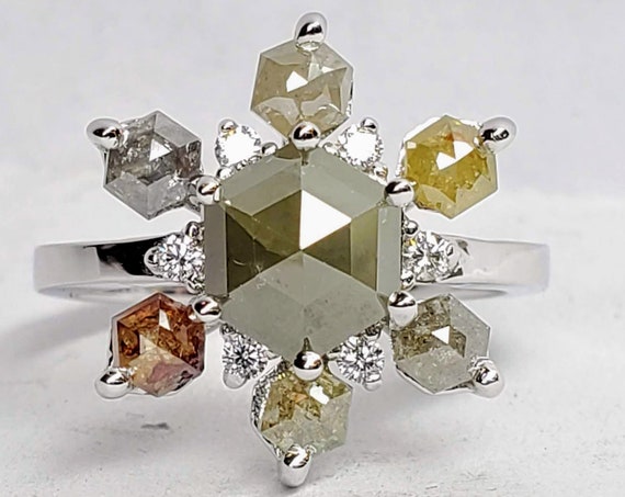 Cluster Diamond Ring / Solid 14 k Gold / Natural Diamonds, Hexagon rose cut diamond ring.