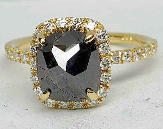 Cushion Shape Rose cut Black diamond engagement ring, Non traditional ring, Black diamond ring.