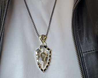 Father's Day Gift Shield Pendant with Diamonds in Silver and Gold.
