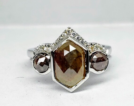 Hexagon Raw Diamond Engagement Wedding Set.