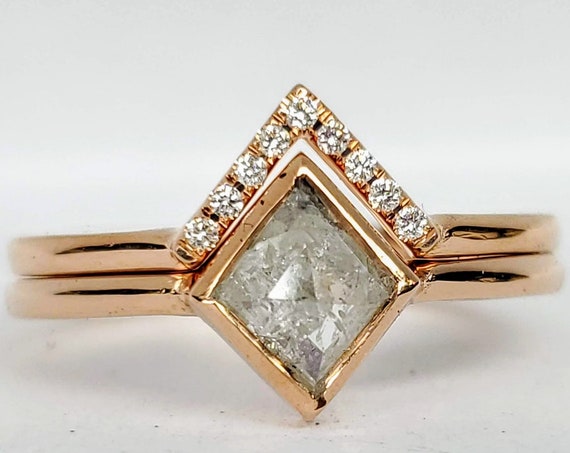 Salt and Pepper Geometric Kite Shape Diamond Rose Gold Ring.