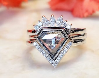 Salt and pepper geometric shield shape diamond engagement ring, 1.89ct diamond ring, Shield diamond ring.