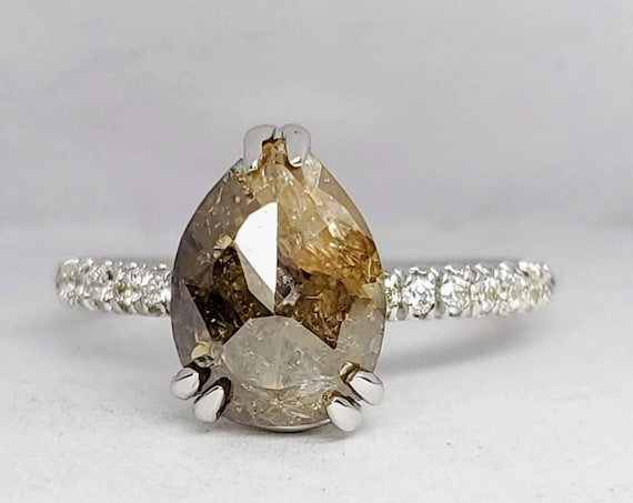 Pear Shape Rose cut diamond engagement ring, Non traditional ring, Grey diamond ring.