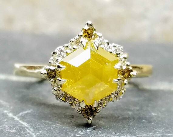 Yellow Hexagon diamond ring, Yellow gold rose cut diamond ring, Geometric raw diamond engagement ring.