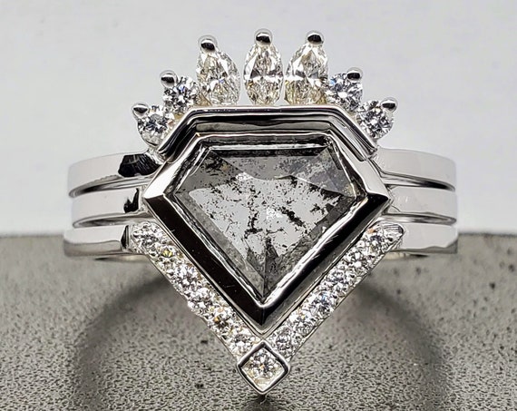 Salt and pepper geometric shield shape diamond engagement ring, 1.89ct diamond ring, Shield diamond ring.