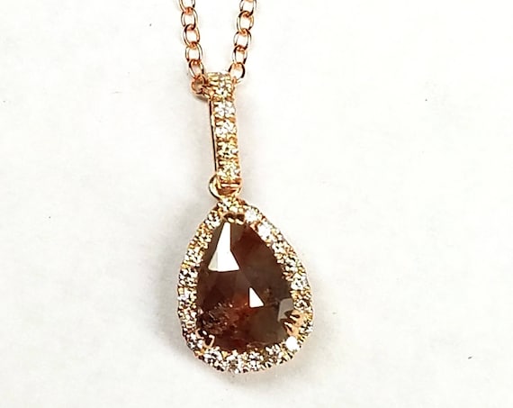 Raw rustic rough rose cut diamond pendant, Pear shape diamond necklace, Chocolate color diamond pendant, Rose gold pendant.