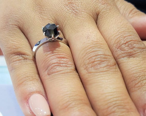 Black diamond engagement ring, rose cut black diamond solitaire engagement ring, rough diamond, raw diamond.