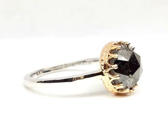 Black diamond engagement ring, Black diamond solitaire, Raw black diamond ring. Rose cut diamond engagement ring.