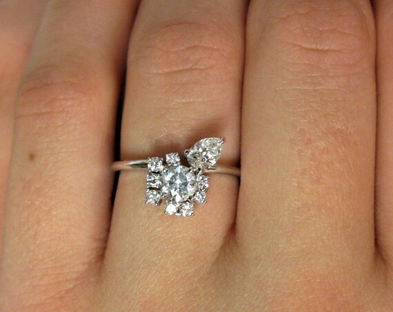 Pear shape Cluster Diamond Ring, Solid 14kt Gold, Natural Diamonds, Tear drop diamond.