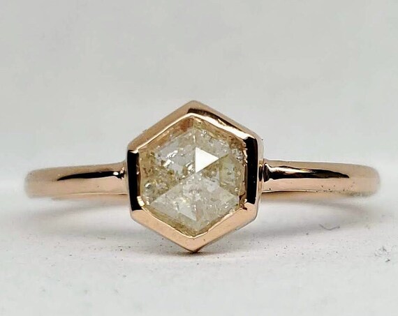 Hexagon diamond ring, Gray hexagon diamond ring, Geometric Rose gold raw diamond ring