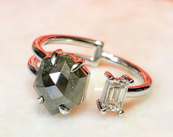 Hexagon rose cut diamond two stone ring.