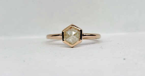 Hexagon diamond ring, Gray hexagon diamond ring, Geometric Rose gold raw diamond ring