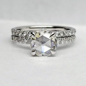 Moissanite engagement ring, Round Forever One Moissanite Engagement Ring, hidden halo ring, Rose cut moissanite ring.