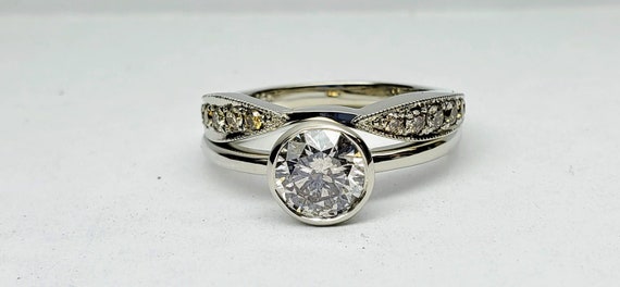 White Gold Round Champagne Color Diamond Engagement ring with Wedding band, Bezel Diamond ring.