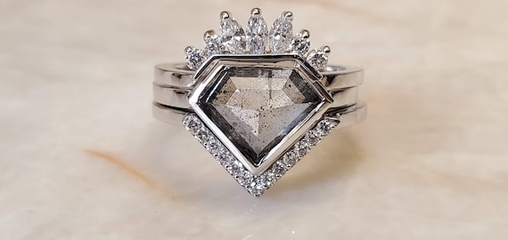 Salt and pepper geometric shield shape diamond engagement ring, 2.20ct diamond ring, Shield diamond ring.