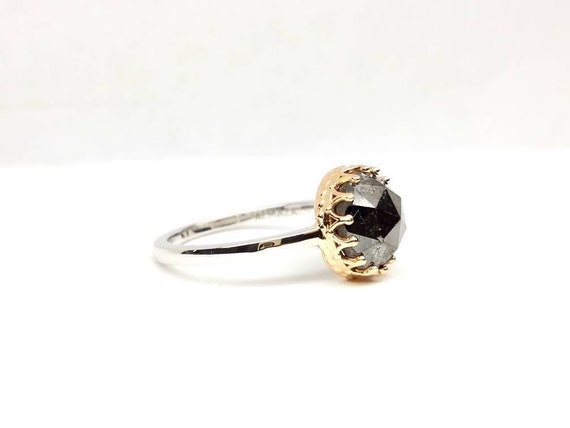 Black diamond engagement ring, Black diamond solitaire, Raw black diamond ring. Rose cut diamond engagement ring.