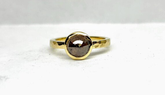 Rose cut diamond ring, Raw diamond engagement ring, Yellow gold Stackable ring.