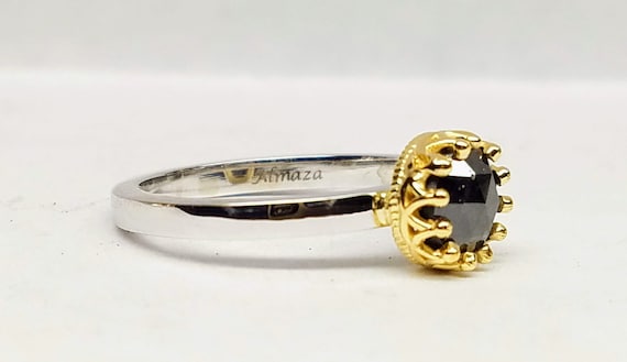 Black diamond engagement ring, Black diamond solitaire, rose cut diamond ring.