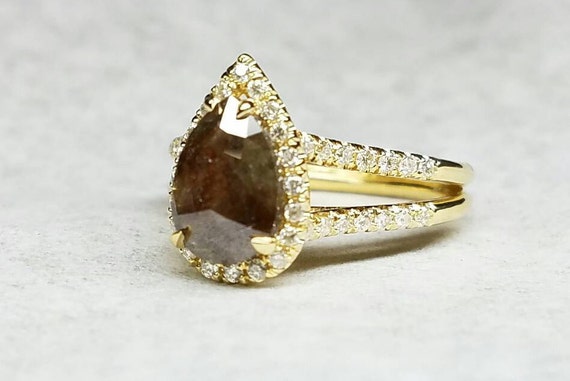 Raw diamond rose cut chocolate color pear shape teardrop engagement ring.