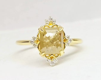 1.62ct Emerald cut rose cut diamond engagement ring, Art deco Unique Engagement Ring, Delicate Ring, 14Kt yellow gold diamond ring.