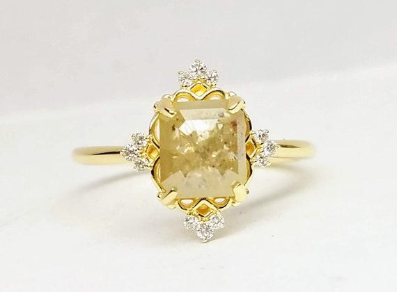 1.62ct Emerald cut rose cut diamond engagement ring, Art deco Unique Engagement Ring, Delicate Ring, 14Kt yellow gold diamond ring.