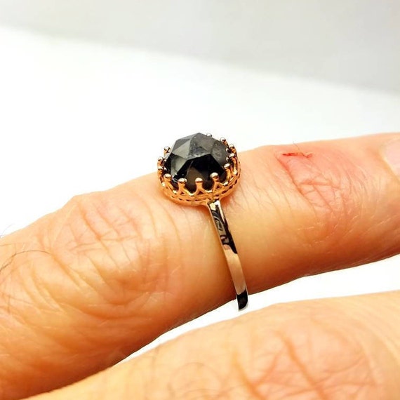 Black diamond engagement ring, Black diamond solitaire, Raw black diamond ring. Rose cut diamond engagement ring.