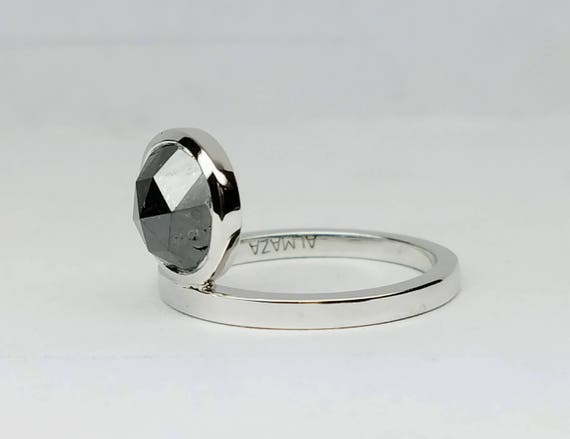 Black diamond ring, White gold stackable diamond ring, Assymetric black diamond ring, Black rose cut round diamond ring.